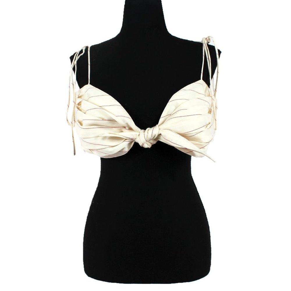 Orseund Iris Cha Cha Ivory Red Stripe Pleated Poplin Tie Front Bra Top NEW L